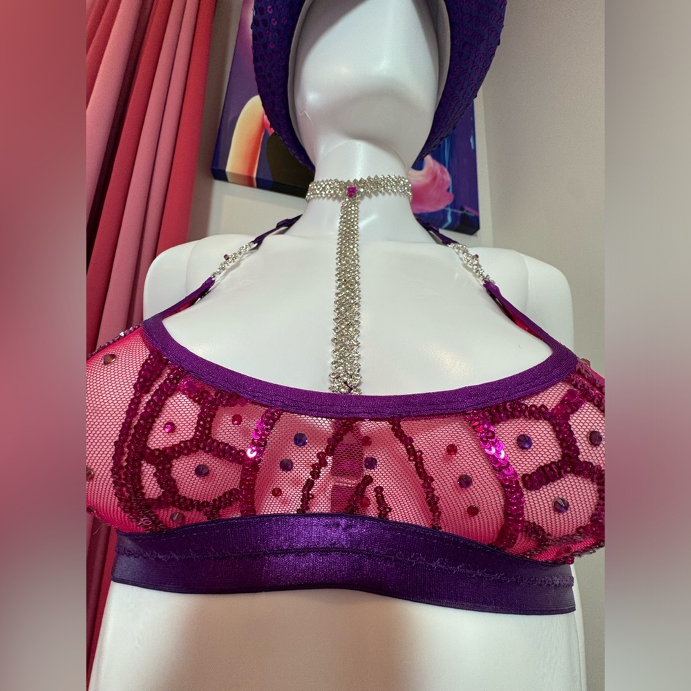 Pink & Purple Sequin Rhinestone Burlesque 5 Piece Lingerie Set XS/XS Hand Sewn - Picture 11 of 17